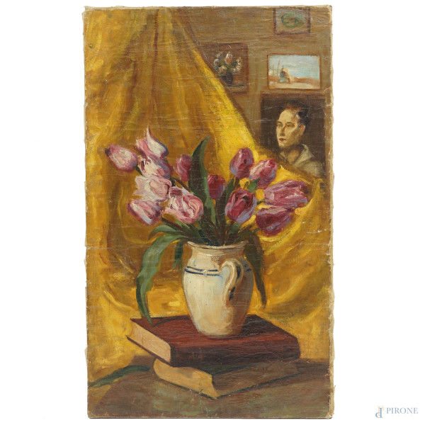 Vaso di tulipani nello studio del pittore, olio su tela, XX secolo, firmato, cm 75x45