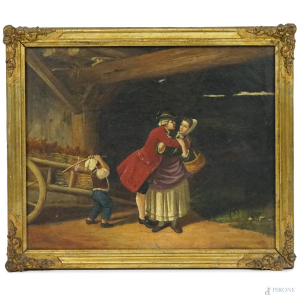 Corteggiamento difficile, olio su tela, cm 31x38,5, XIX secolo, entro cornice.