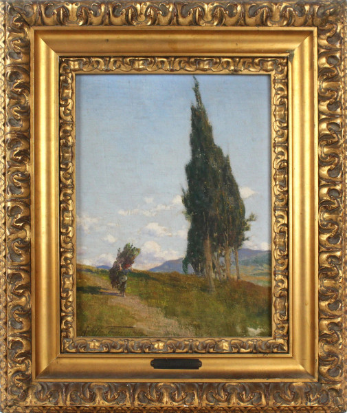 Adolfo Tommasi - Paesaggio toscano, olio su tela, cm 37x27,5, entro cornice