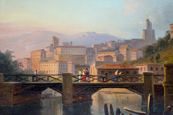 Scuola italiana della fine del XIX secolo, Veduta di città con ponte, olio su cartoncino, entro c...