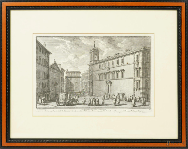 Archiginnasio della Sapienza, acquaforte di Giuseppe Vasi (1710-1782), misure comprese passepartout cm 38x49, entro cornice