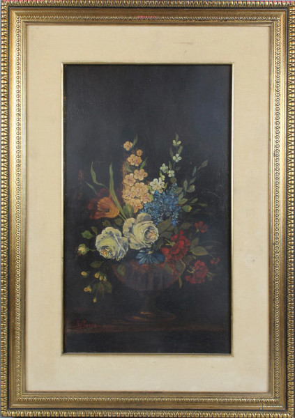 Vaso con fiori, olio su tavola, cm. 50x30, firmato Bosso, entro cornice.