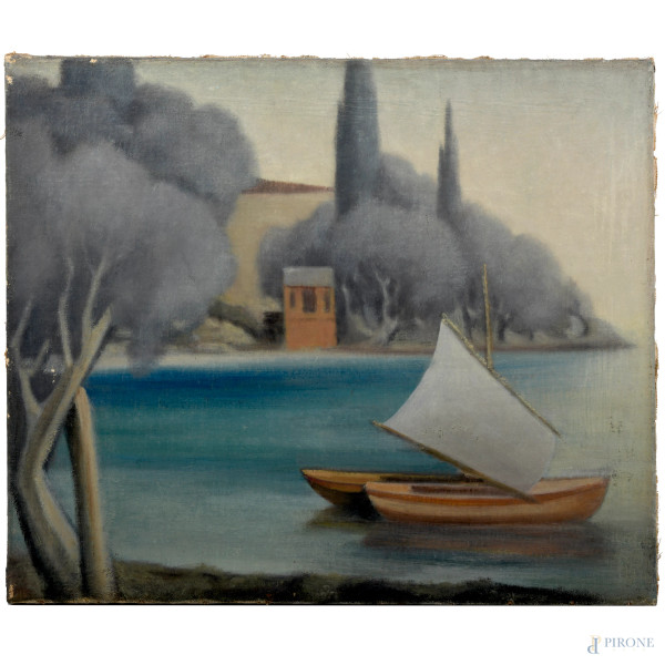 Veduta sul lago di Garda, XX secolo, olio su tela, cm 50,5x60 , (difetti)