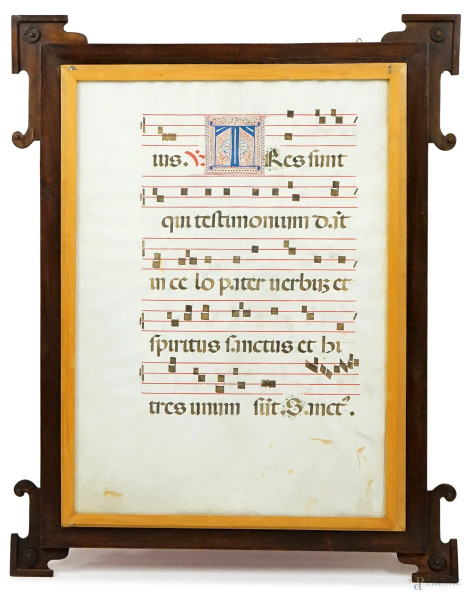 Foglio manoscritto tratto da antifonario, cm 60x43, entro doppia cornice in legno.