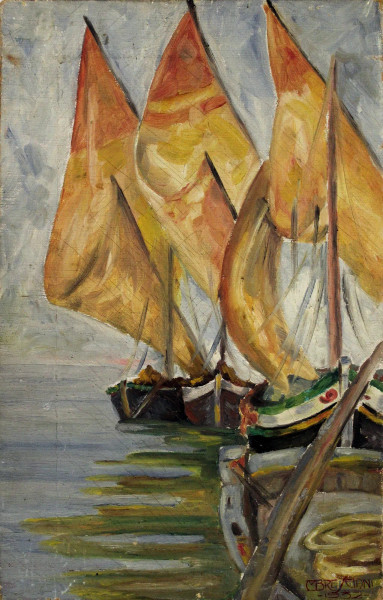 M. Bresciani, Marina con barche, olio su tela, cm 46x28, firmato e datato.