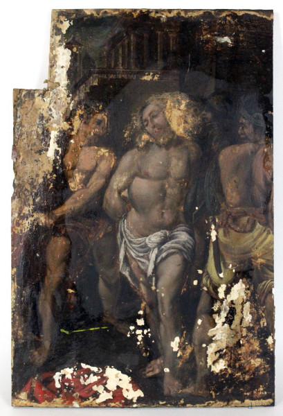 Scuola italiana del XVIII secolo, Cristo alla colonna-La flagellazione, olio su tavola, cm. 38x25,5, (difetti).