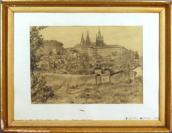 Wlastimil  Hofman - Praga - Praga, matita su carta 28x48 cm, entro cornice.