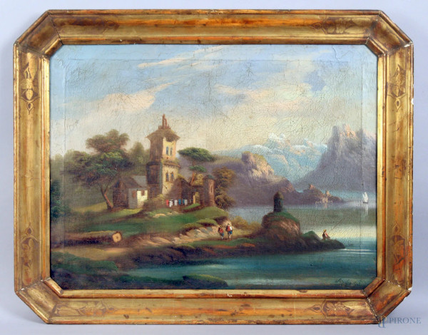 Paesaggio con lago, case e figure, olio su tela, cm. 49x64,5, firmato entro cornice.