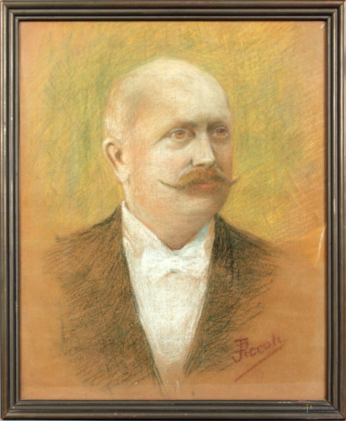 Ritratto d&#39;uomo, pastelli su carta, cm. 47x38, firmato J. Piccoli, entro cornice.
