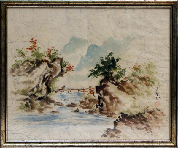Paesaggio con ponte e figure, dipinto a tecnica mista su tessuto cm 53x44, arte cinese, entro cornice.