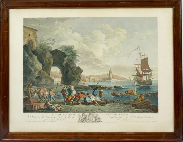 Veduta di Posillipo, stampa acquerellata, cm 57,5x77,5, da Joseph Vernet (1714–1789) e Robert Daudet (1737–1824), XX secolo, entro cornice.