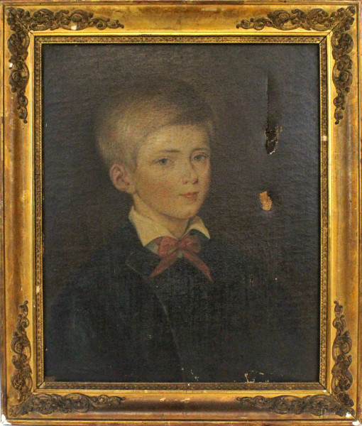 Ritratto di fanciullo, olio su tela, cm 48x39, XIX secolo, entro cornice, (difetti alla tela).