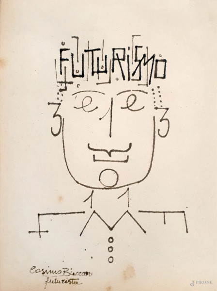 Futurismo italiano, Ritratto di uomo composto da parole in libert&#224; futuriste, XX sec., inchiostro bruno su carta, cm 17x13, firmato “Cosimo Buccari Futurista” in basso a sinistra