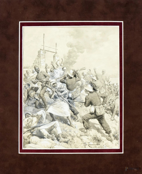 Battaglia di Dogali, tecnica mista su carta, cm 33,5x28, firmato M. Cammarano