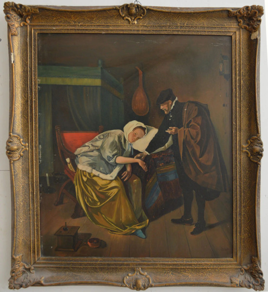 La visita del dottore, antico dipinto ad olio su masonite 62x75 cm, entro cornice firmato 1934.