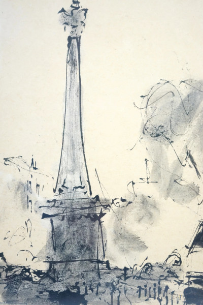 Scorcio di Piazza, inchiostro acquerellato su carta, recante timbro Atelier Crosthwait, cm 34x24 ...