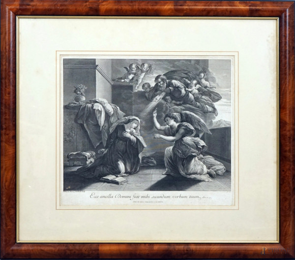 Gerard Edelinck (1640-1707), Ecce Ancilla Domini fiat mibi secundum verbum tuum, incisione da N. Poussin, cm 40x46,5, entro cornice