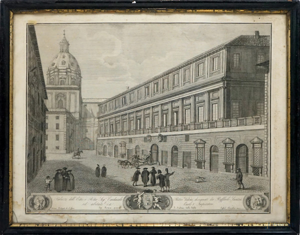 Palazzo dell'E.mo e R.mo Sig Cardinale Pietro Vidoni, disegnato da Raffaele Sanzio, [...], incisione, cm 47.5x61,5, XIX secolo, entro cornice, (difetti)