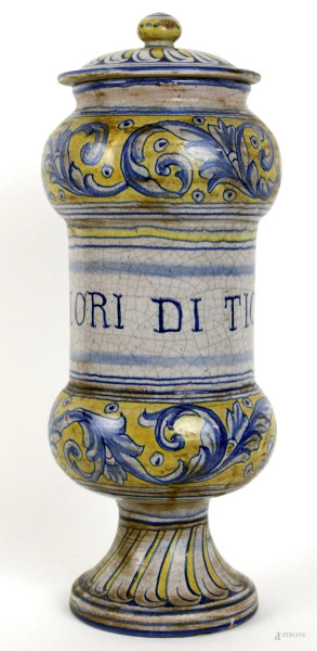 Albarello in ceramica dipinta, altezza cm. 32, inizi XX secolo (difetti)