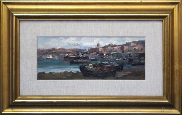 Ezelino Briante - Costa con imbarcazioni, olio su cartone, cm 30 x 11, entro cornice.
