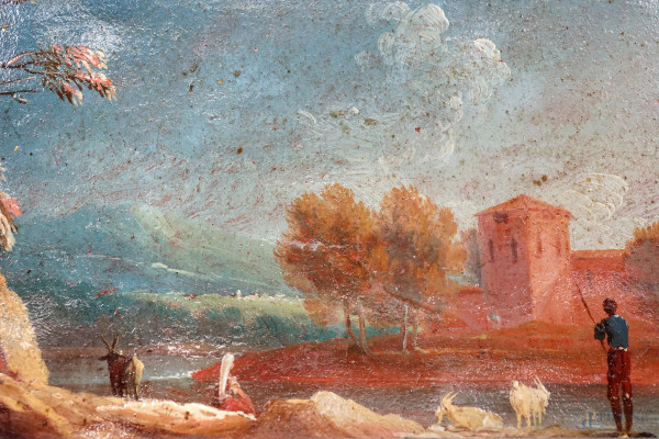 Scuola italiana d'inizio XX secolo, Paesaggio fluviale con pastori, olio su tela, cm 19x13