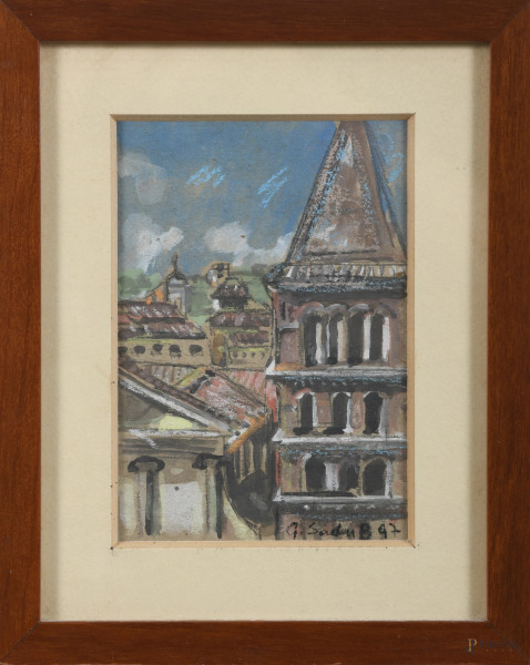 Scorcio di città, XX secolo, tecnica mista su carta, cm 14x10, entro cornice, (ondulazioni della carta)