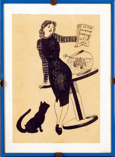 Gino  Boccasile - Donna con gatto, china su carta, cm. 16,5x11,5.