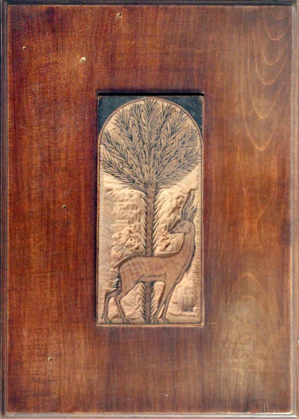 Bruno Marsili Bruno da Osimo - Capriolo, incisione su legno, cm 14,5 x 6,5, con supporto in legno.