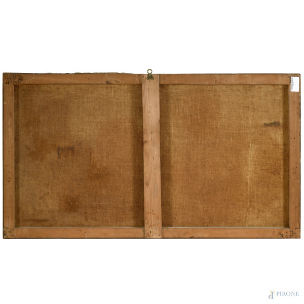 Paesaggio fluviale con paese e fiugure, XVIII secolo, olio su tela, cm 64x115,5, (difetti)