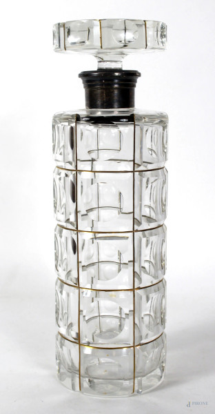 Bottiglia da liquore in vetro controtagliato, finale in argento, altezza cm. 25