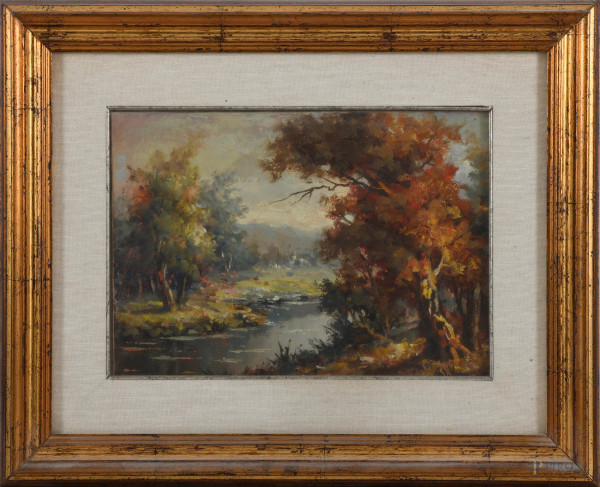 Lungo il ruscello, XX secolo, olio su tela, cm 25,5x35, firmato in basso a destra, entro cornice
