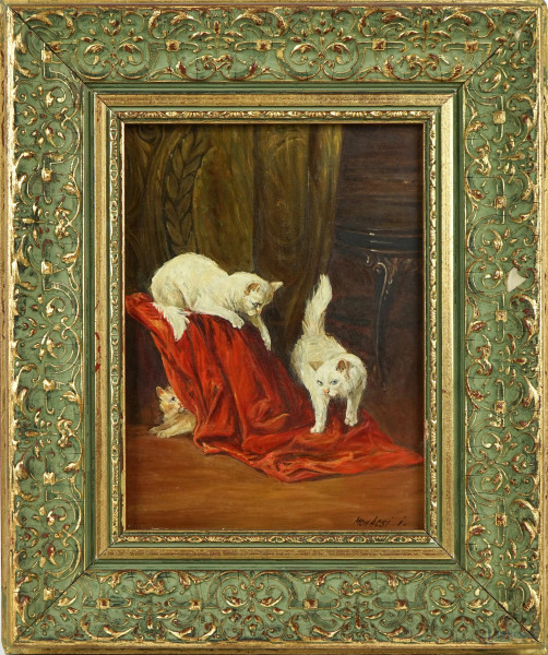 Gatti, olio su tavola, cm 22,5x17, firmato Mohácsi, entro cornice