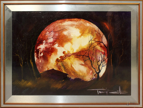 Marco Pinizotto - Paesaggio con pieno di luna, olio su tela 50x70 cm, entro cornice.