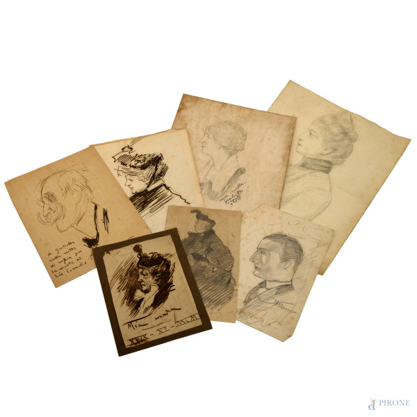 Lotto di 7 ritratti ai inchiostro e grafite su carta, XX secolo, misure massime cm 30x22,5, (difetti)