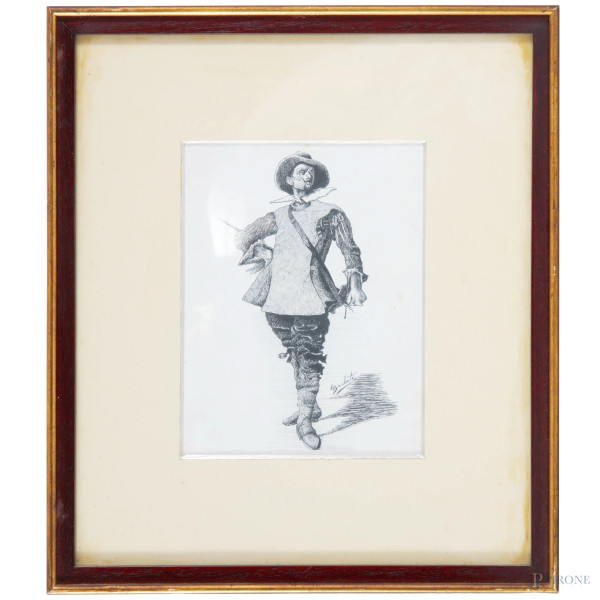 Moschettiere, XX secolo, china su carta, cm 36x31 compreso passepartout, firmato in basso a destra. entro cornice (lievi tracce di umidità)