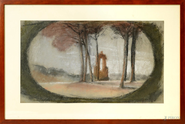 Paesaggio con alberi e fontanile, pastelli su carta,  misure comprese passepartout cm 36x56, entro cornice