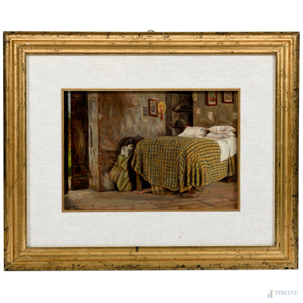 Interno di camera da letto, XX secolo, olio su compensato, cm 19x27, firmato in basso a sinistra, entro cornice