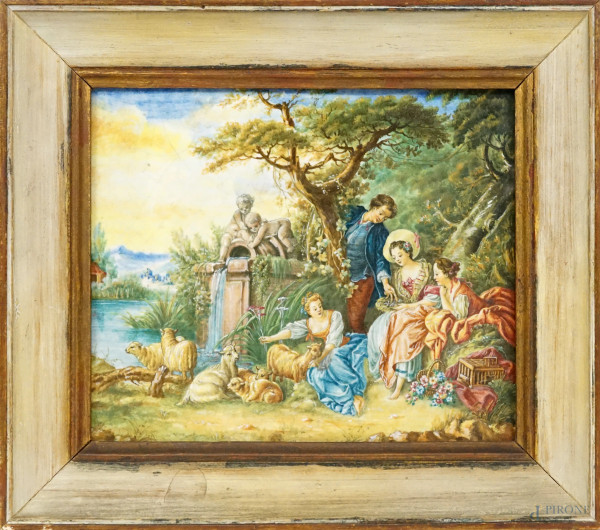 Mattonella in ceramica dipinta in policromia raffigurante "Il Nido", soggetto tratto da un dipinto di François Boucher, firmata al retro dal decoratore V. Benvenuti, cm 21x24,5, entro cornice, (difetti).