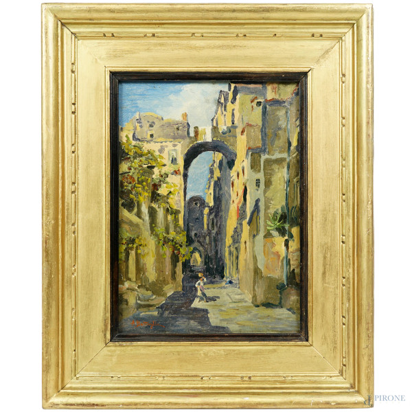 Scorcio di strada con figura, olio su tela riportanto su cartone, firmato, cm 33x24, entro cornice