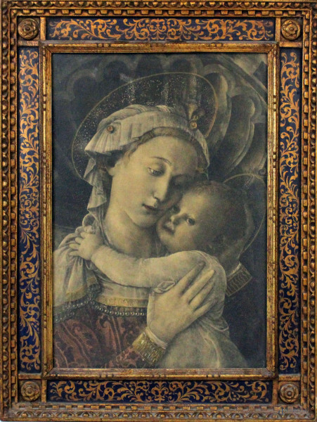Madonna con Bambino, stampa a colori, cm 37x25,5, XX secolo, entro cornice.