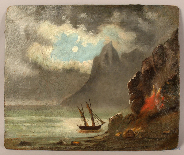 Scorcio di costa con imbarcazioni, olio su cartone telato, 22x27 cm, fine XIX sec.