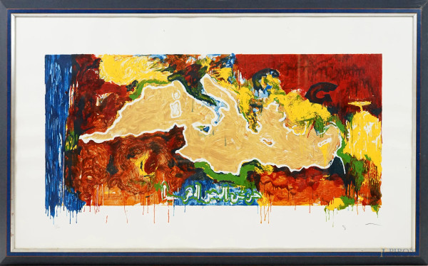 Mario Schifano - Mar Mediterraneo, litografia a colori, cm 69x119, esemplare 25/199, entro cornice