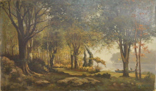Scorcio fluviale con bosco e figure, olio su tela, 60x100 cm, firmato