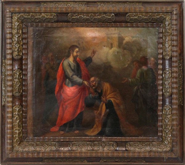 Pittore del XVIII secolo, La consegna delle chiavi a S.Pietro, olio su tela, cm 28x33,5, entro cornice, (difetti e piccole cadute di colore).