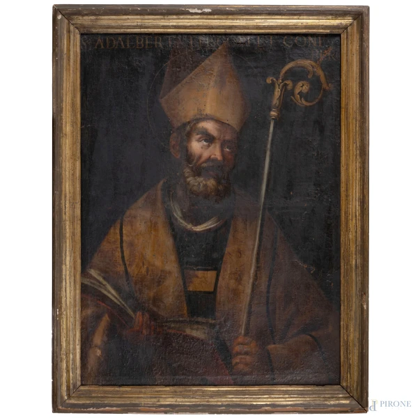 Sant'Adalberto, XVII secolo, olio su tela, cm 96x75, entro cornice, (rotture, lacerazioni, cadute di colore, craquelure, sollevamenti di colore)