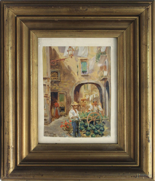 Scena di mercato con figure, dipinto ad olio su tavola, firmato, cm 17 x 23, entro cornice.