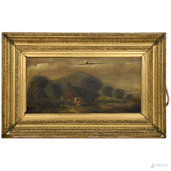 Paesaggio, XIX secolo, olio su tela, cm 30x61, entro cornice(rotture della tela, cadute di colore)