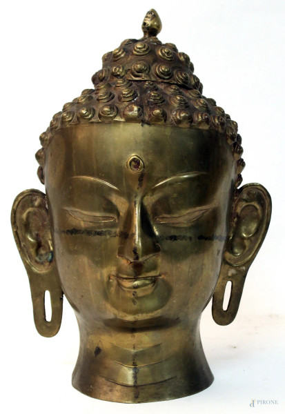 Testa di Budda, antica scultura in ottone, H 40 cm, arte orientale.