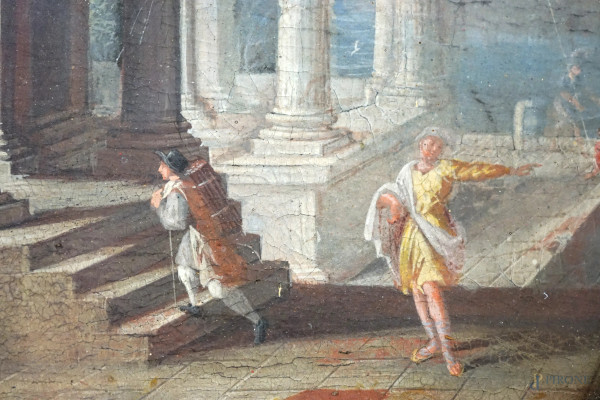 Scuola napoletana del XVII-XVIII secolo, coppia di vedute marine con capricci architettonici e fi...