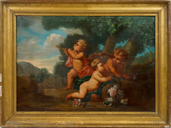 Scuola francese del XIX secolo, Gioco di putti, olio su tela, cm 71x109, entro cornice
